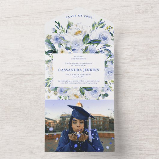 Blue Floral Roos Graduation Party Aankondiging (Binnen)