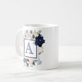 Blue Floral Roos Monogram Koffiemok (Voorkant links)