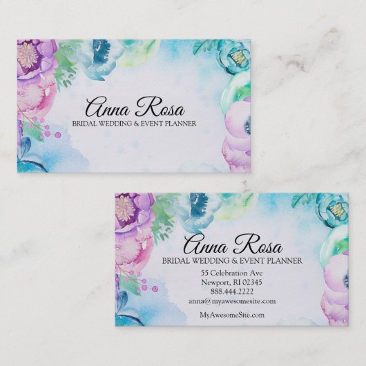 *~* Blue Floral Roos Wedding Event Planner Visitekaartje (Voorkant / Achterkant)