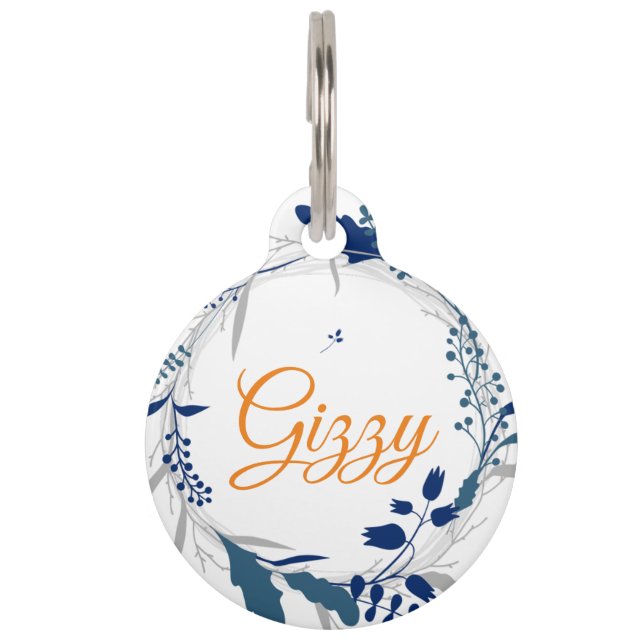 Blue Floral Round Pet Tag Huisdierpenning (Voorkant)