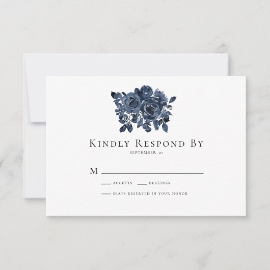 Blue Floral Rozen bruiloft RSVP Kaart Notitiekaartje (Voorkant)