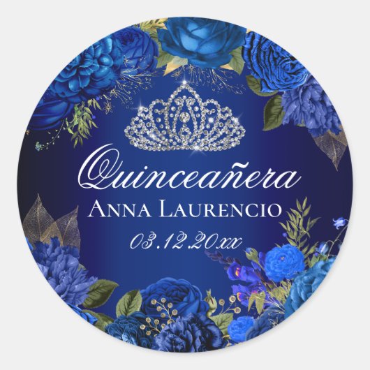 Blue Floral Rozen Diamond Tiara Quinceanera Ronde Sticker (Voorkant)