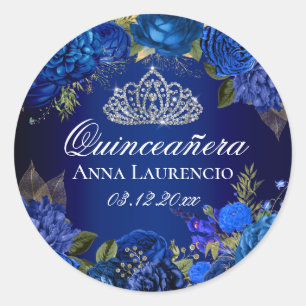 Blue Floral Rozen Diamond Tiara Quinceanera Ronde Sticker
