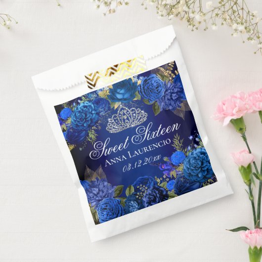Blue Floral Rozen Sweet Sixteen Party Bedankzakje (Gezegeld)