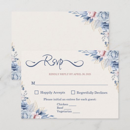 Blue Floral RSVP-kaart RSVP Kaartje (Voorkant / Achterkant)