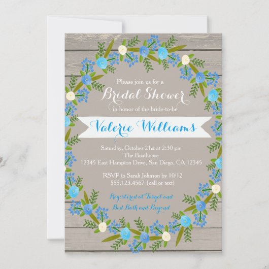 Blue Floral Rustic Bridal Shower Uitnodiging (Voorkant)