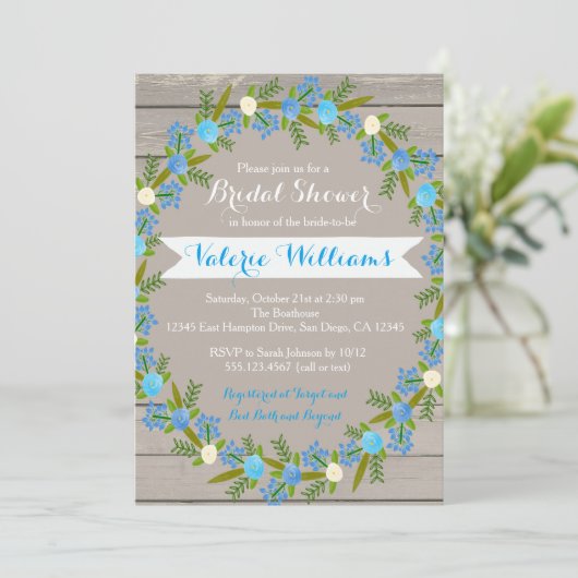 Blue Floral Rustic Bridal Shower Uitnodiging (Staand voorkant)