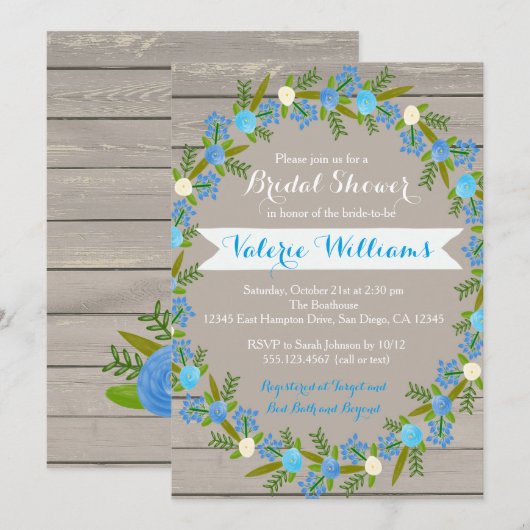 Blue Floral Rustic Bridal Shower Uitnodiging (Voorkant / Achterkant)
