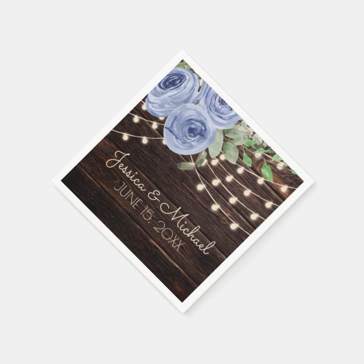 Blue Floral Rustic Wood String Lights Wedding Servet (Hoek)