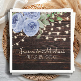 Blue Floral Rustic Wood String Lights Wedding Servet