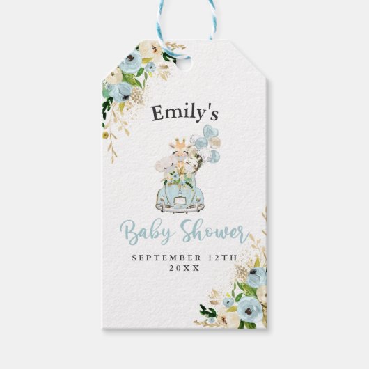 Blue Floral Safari Animals rijden per Baby shower Cadeaulabel (Voorkant)