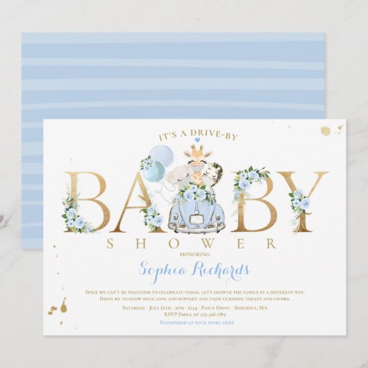 Blue Floral Safari Animals rijden per Baby shower Kaart (Voorkant / Achterkant)