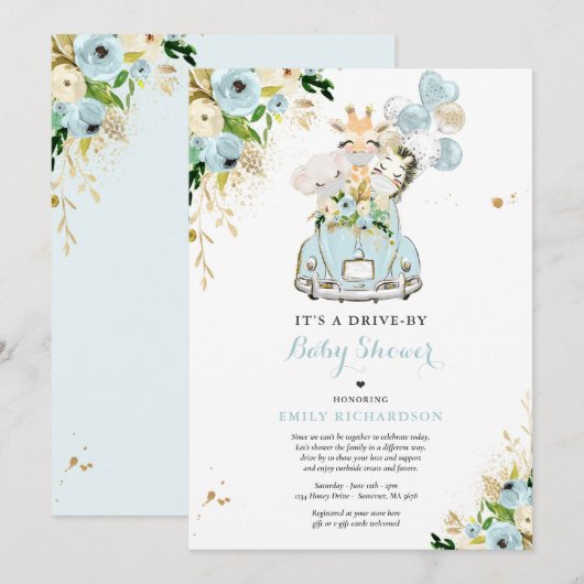 Blue Floral Safari Animals rijden per Baby shower Kaart (Voorkant / Achterkant)