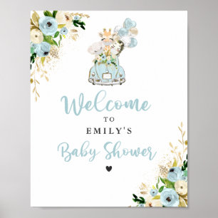 Blue Floral Safari Animals rijden per Baby shower Poster