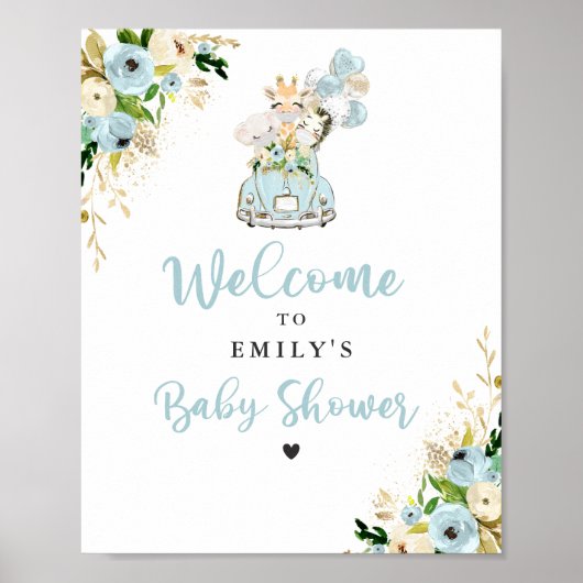 Blue Floral Safari Animals rijden per Baby shower Poster (Voorkant)