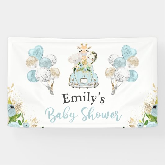 Blue Floral Safari Animals rijden per Baby shower Spandoek (Horizontaal)