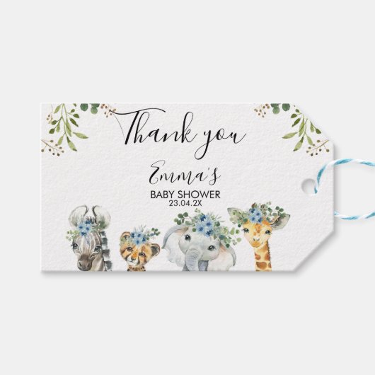 Blue Floral Safari Baby shower Hartelijk dank Cadeaulabel (Voorkant (Horizontaal))