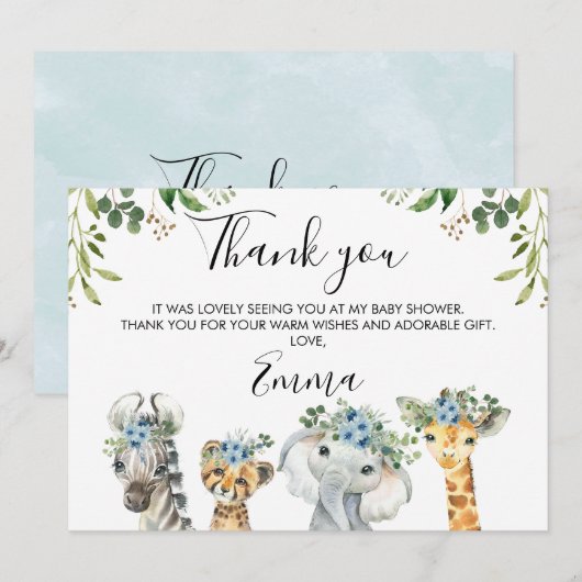 Blue Floral Safari Baby shower Hartelijk dank Kaart (Voorkant / Achterkant)
