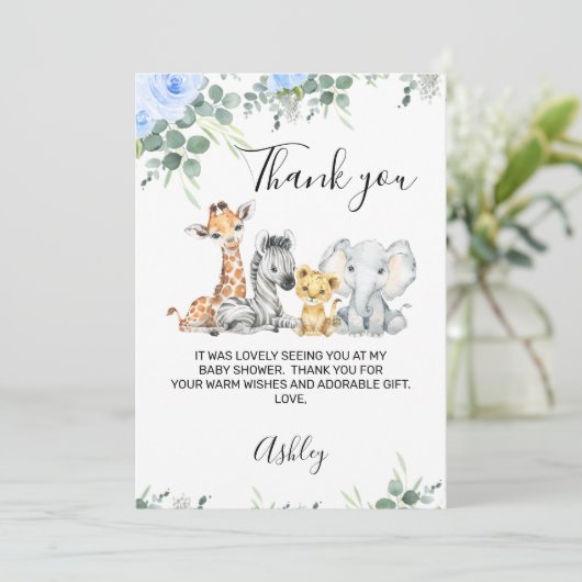Blue Floral Safari Baby shower Hartelijk dank Kaart (Staand voorkant)