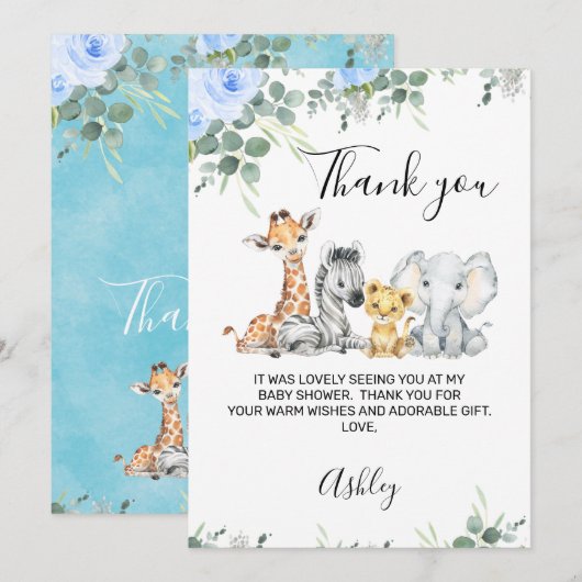 Blue Floral Safari Baby shower Hartelijk dank Kaart (Voorkant / Achterkant)