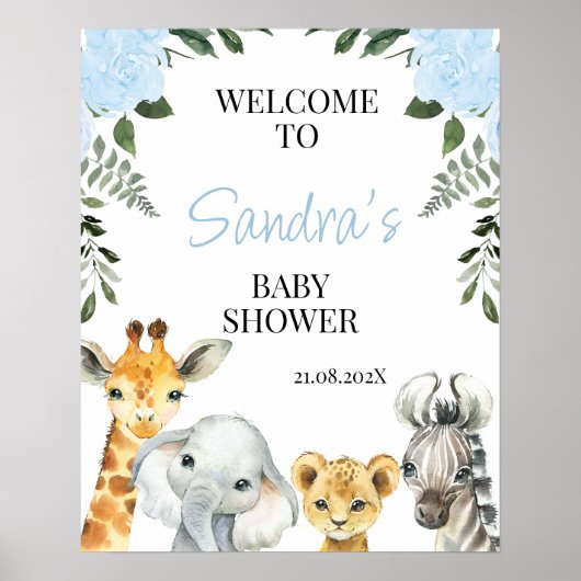 Blue Floral Safari Baby shower Welkomstteken Poster (Voorkant)