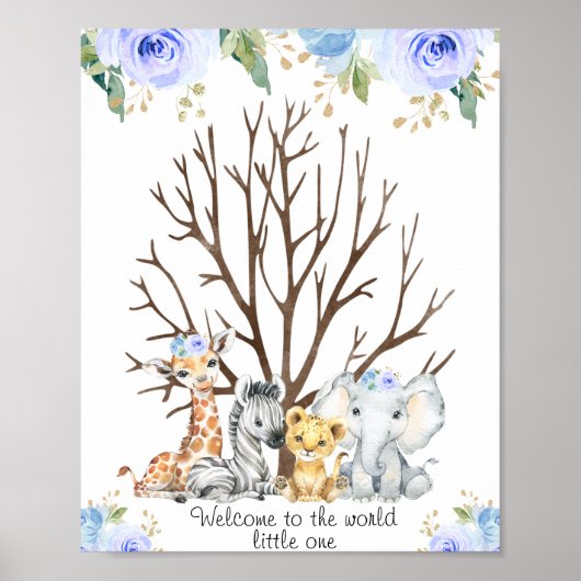 Blue Floral Safari Fingerprint Guestbook Poster (Voorkant)