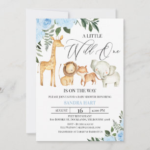 Blue Floral Safari Wild One Baby shower Kaart