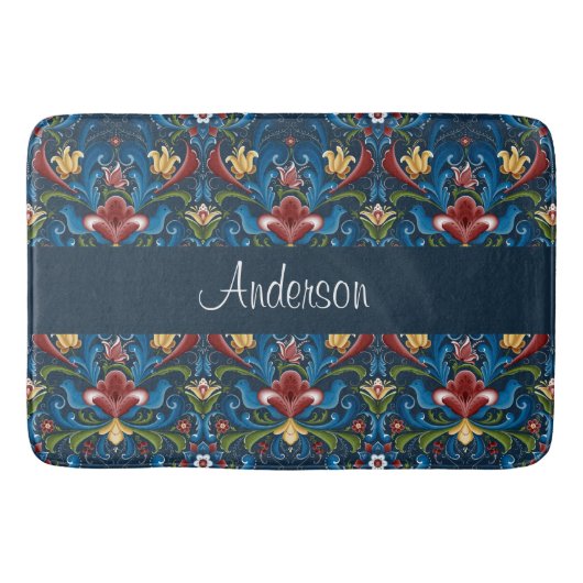 Blue Floral Scandinavian Folk Art Pattern Badmat (Voorkant)