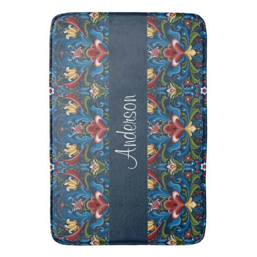 Blue Floral Scandinavian Folk Art Pattern Badmat (Voorkant Verticaal)