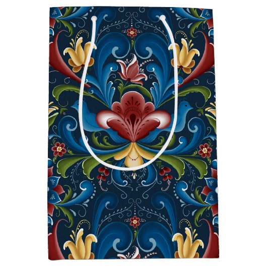 Blue Floral Scandinavian Folk Art Pattern Medium Cadeauzakje (Voorkant)