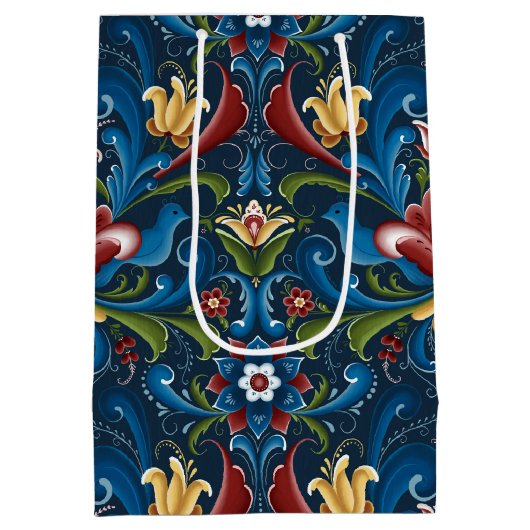 Blue Floral Scandinavian Folk Art Pattern Medium Cadeauzakje (Achterkant)