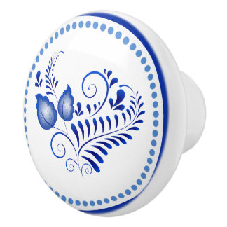 Blue Floral Scandinavian Folk Ceramic Knob. Keramische Knop