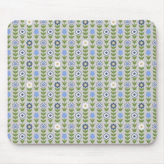 Blue Floral Scandinavian Folk Pattern Muismat (Voorkant)