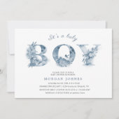 blue floral script baby shower nodigt (Voorkant)