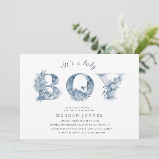 blue floral script baby shower nodigt (Staand voorkant)