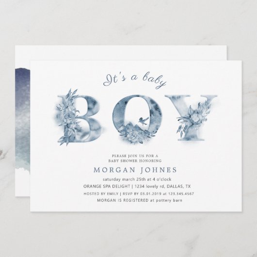 blue floral script baby shower nodigt (Voorkant / Achterkant)