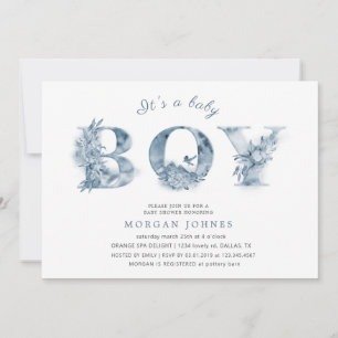 blue floral script baby shower nodigt