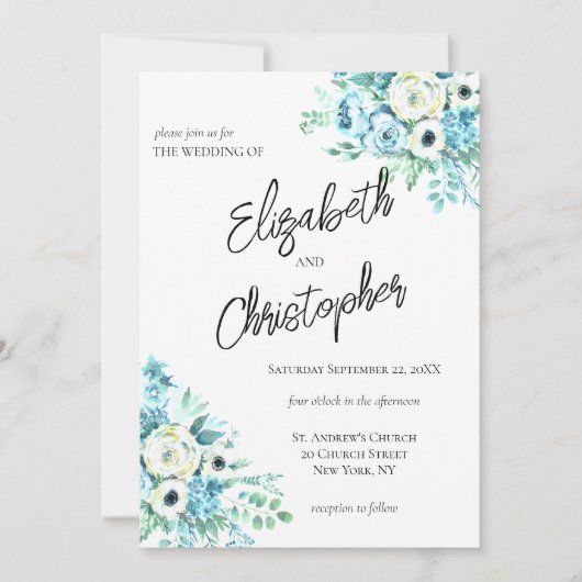 Blue Floral Script Calligraphy Elegant Wedding Kaart (Voorkant)