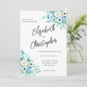 Blue Floral Script Calligraphy Elegant Wedding Kaart (Staand voorkant)