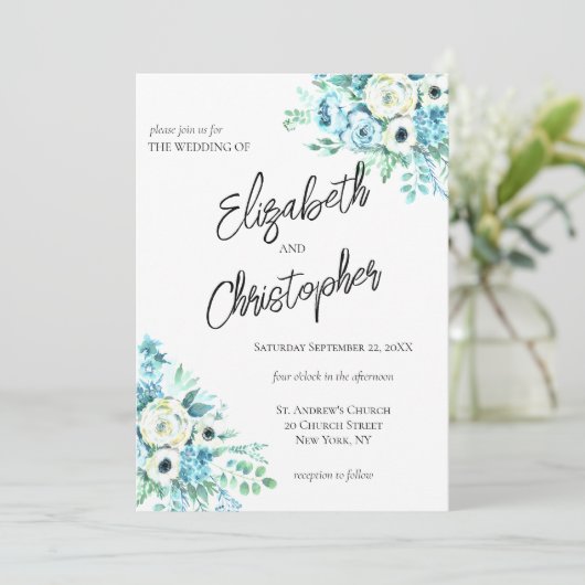 Blue Floral Script Calligraphy Elegant Wedding Kaart (Staand voorkant)