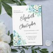 Blue Floral Script Calligraphy Elegant Wedding Kaart