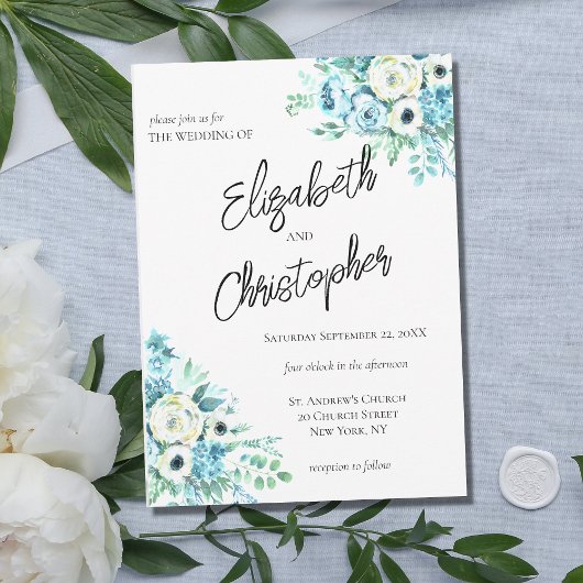Blue Floral Script Calligraphy Elegant Wedding Kaart