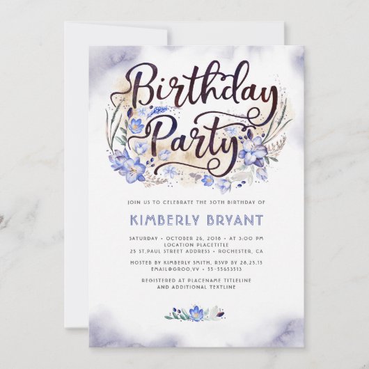 Blue Floral Script Waterverf Verjaardagsfeest Kaart (Voorkant)