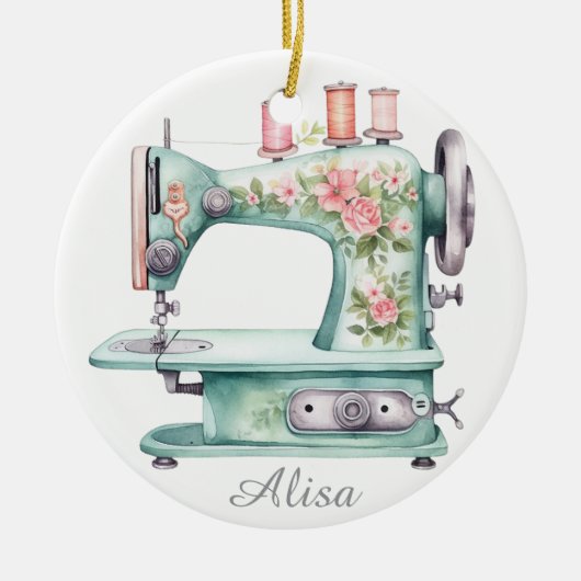 Blue Floral Sewing Machine Ornament  (Voorkant)