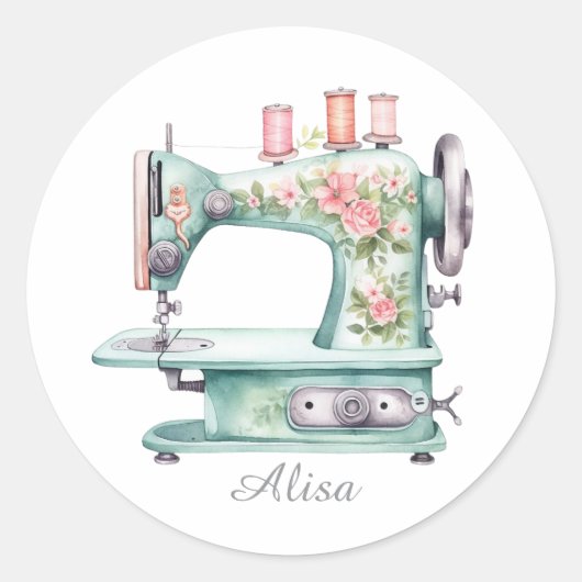 Blue Floral Sewing Machine Round Stickers (Voorkant)