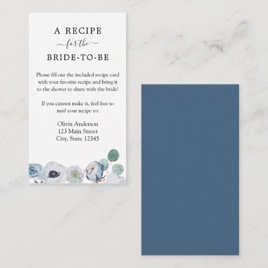 Blue Floral Shower Recipe Request Enclosure Kaart (Voorkant / Achterkant)