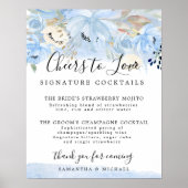 Blue Floral Signature Cocktails Wedding Bar Sign Poster (Voorkant)