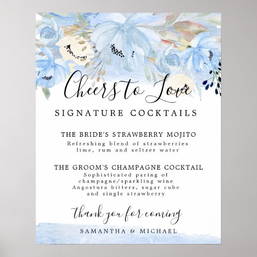 Blue Floral Signature Cocktails Wedding Bar Sign Poster (Voorkant)