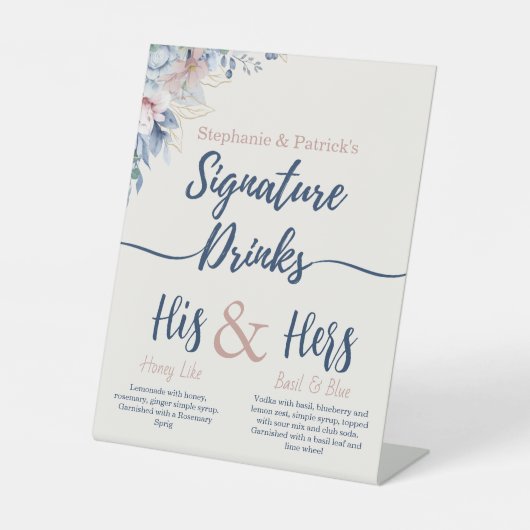 Blue Floral Signature Drink Bar Sign Reclamebord Met Voetstuk (Voorkant)