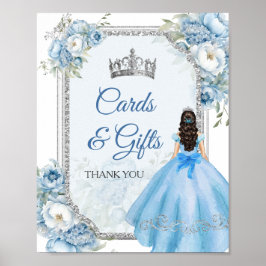 Blue Floral Silver Crown Quinceañera Kaarten & Ges Poster
